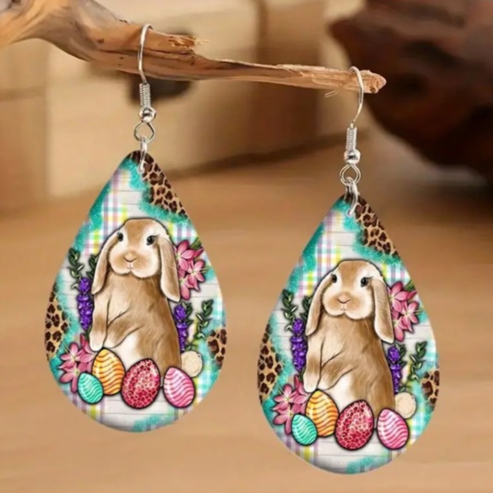 NIP Oh So Pretty Easter Earrings Featuring a Brown Bunny and Colored Eggs!